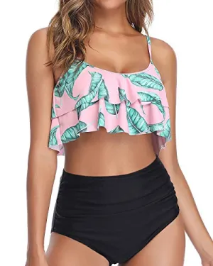 Stylish And Sexy Double Ruffle Bikini Push Up Cups-Pink Leaves