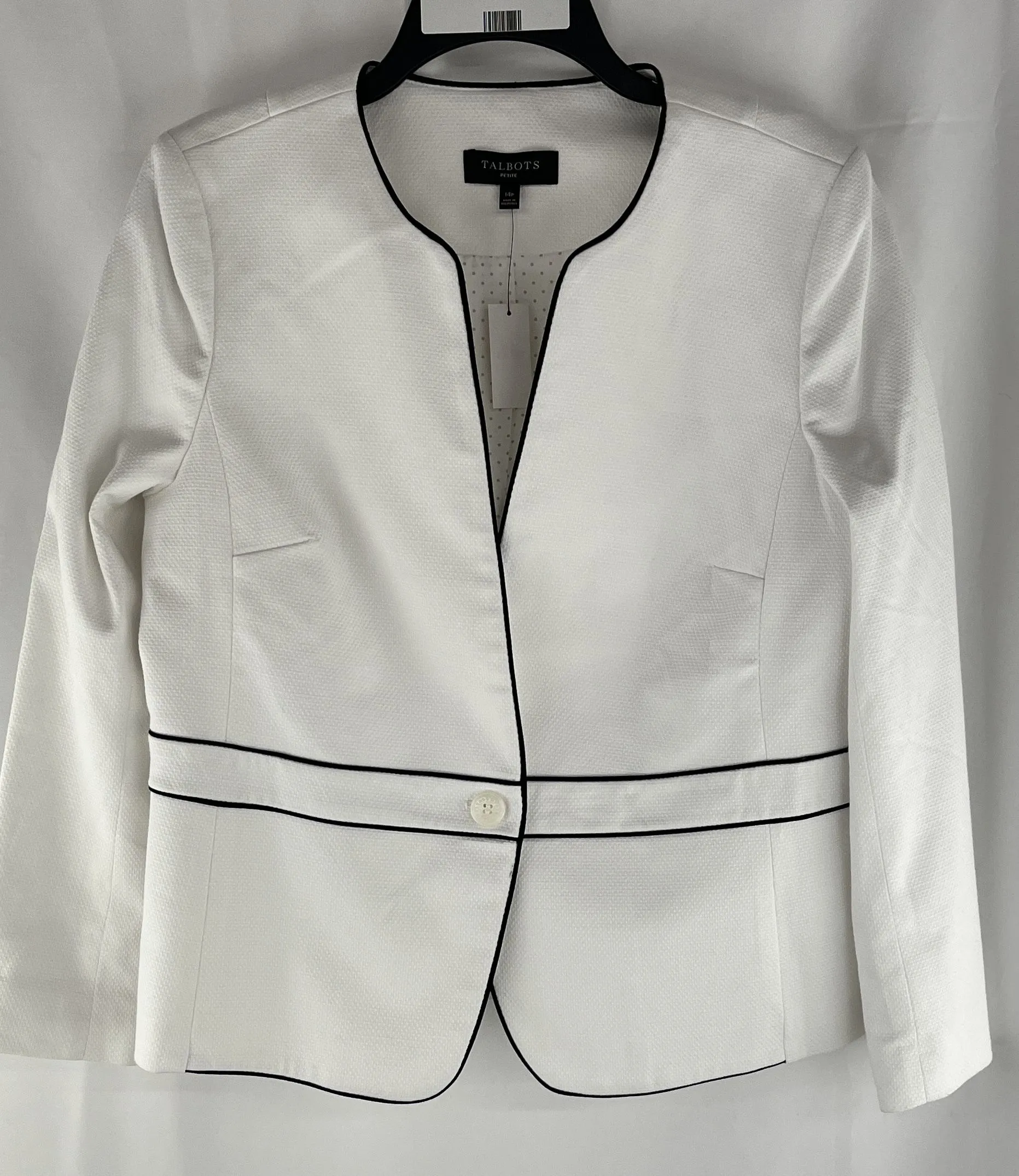 Talbots Women's White Lined Blazer Jacket with Black Trim NWT Size 16P MSRP $189