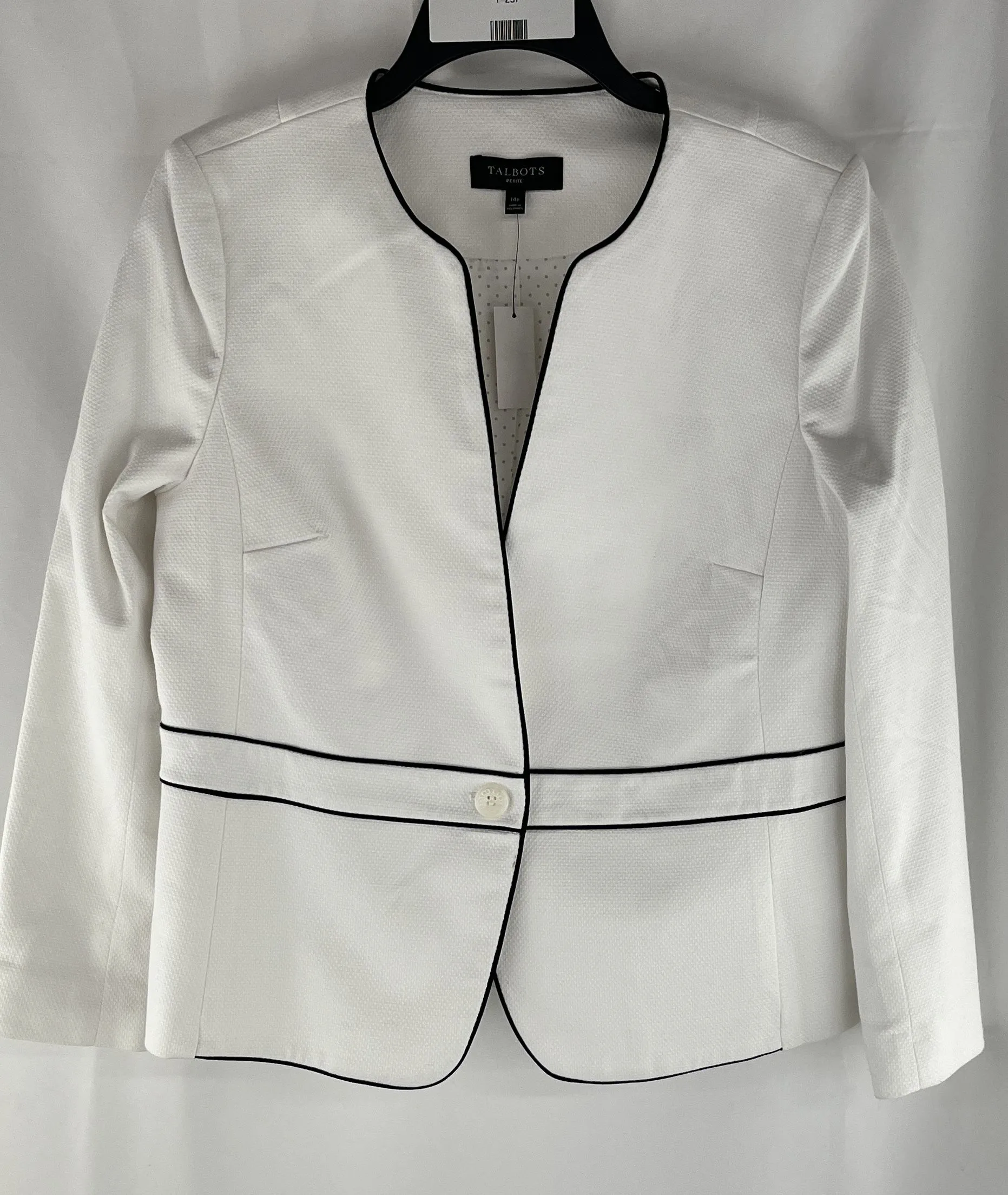 Talbots Women's White Lined Blazer Jacket with Black Trim NWT Size 16P MSRP $189