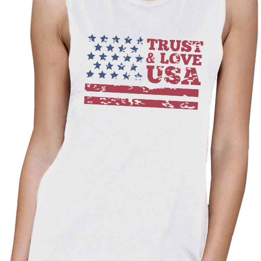 Trust & Love USA Womens White Muscle Tanks Round Neck Line Cotton