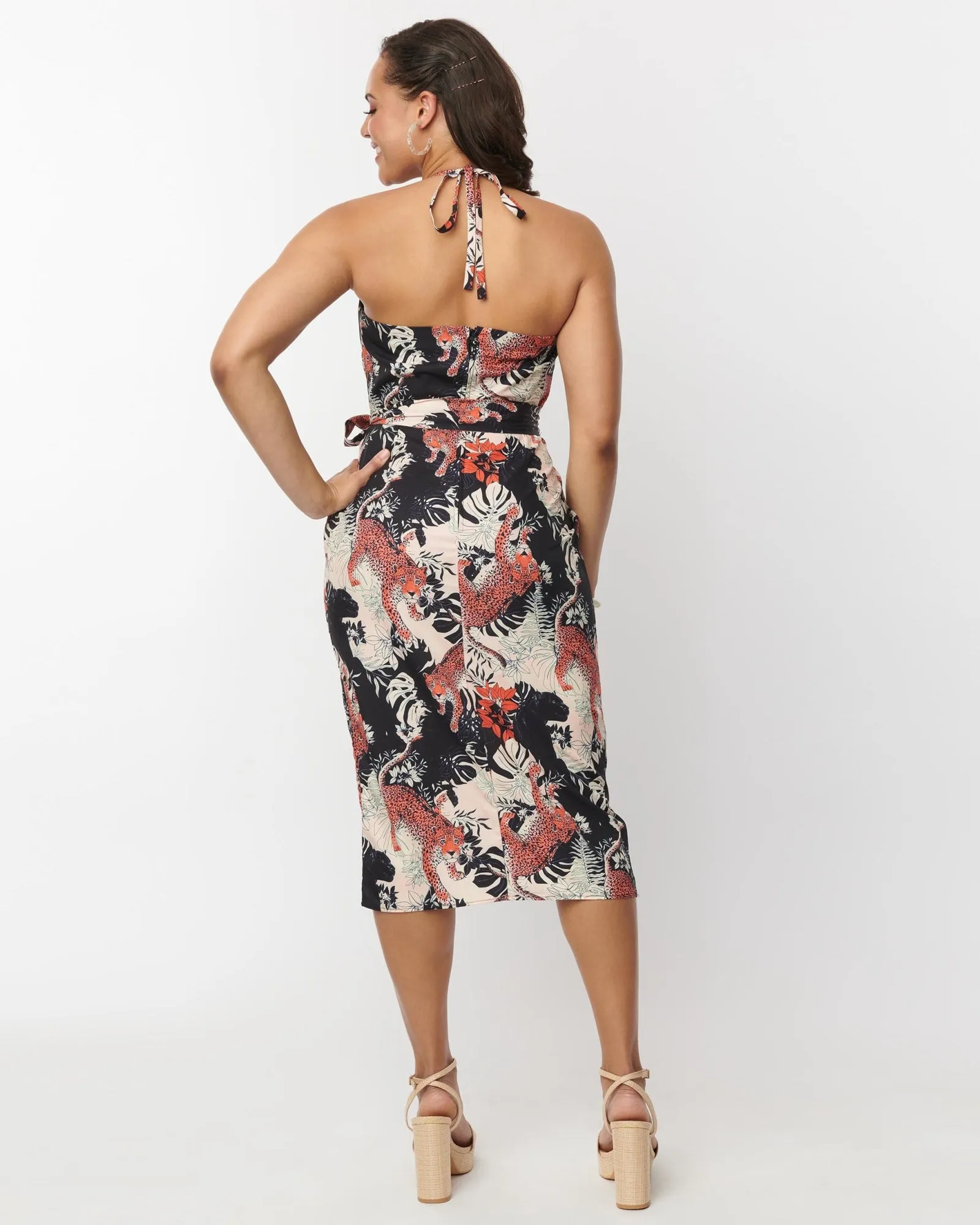 Unique Vintage Jungle Cat Print Leilani Sarong Dress | Black