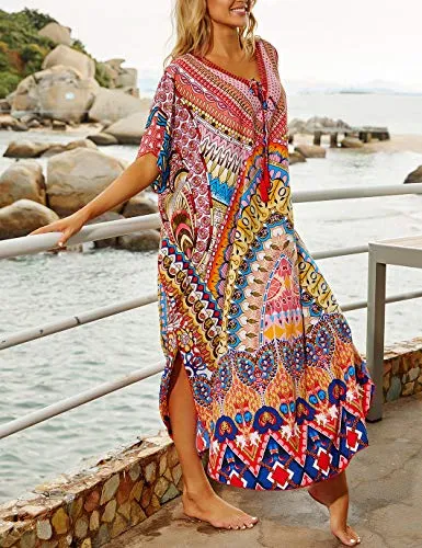 V-Neck Turkish Kaftan Maxi Dress Women's Beach Cover Up