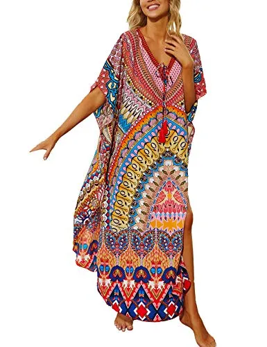 V-Neck Turkish Kaftan Maxi Dress Women's Beach Cover Up