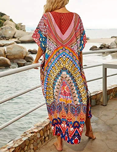 V-Neck Turkish Kaftan Maxi Dress Women's Beach Cover Up