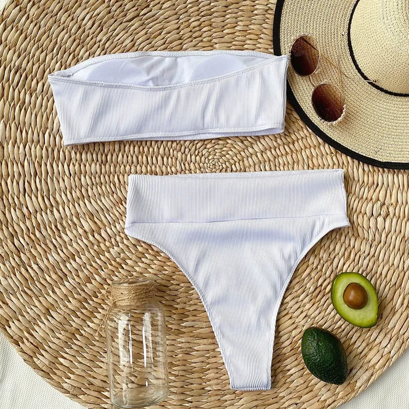 VenusFox High Waist Bikinis Bandeau Swimsuits Swimwear Women Black Strapless Biquini High Cut Bathing Suit Women 2021 Beachwear