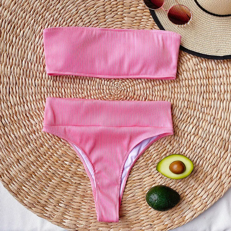 VenusFox High Waist Bikinis Bandeau Swimsuits Swimwear Women Black Strapless Biquini High Cut Bathing Suit Women 2021 Beachwear