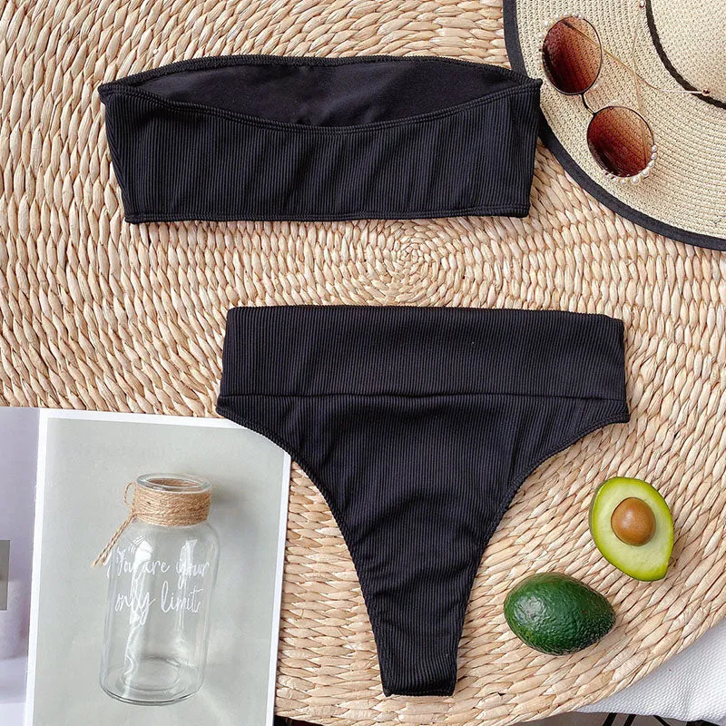 VenusFox High Waist Bikinis Bandeau Swimsuits Swimwear Women Black Strapless Biquini High Cut Bathing Suit Women 2021 Beachwear