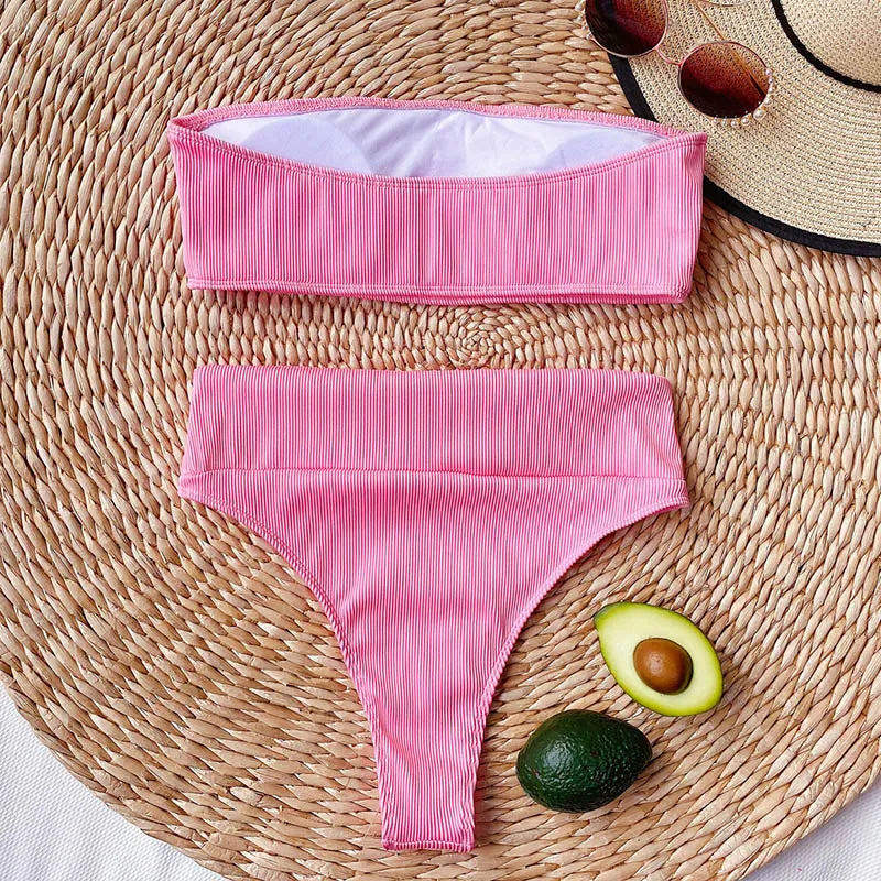 VenusFox High Waist Bikinis Bandeau Swimsuits Swimwear Women Black Strapless Biquini High Cut Bathing Suit Women 2021 Beachwear