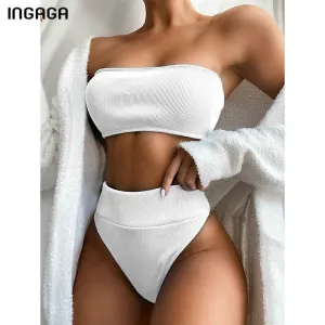 VenusFox High Waist Bikinis Bandeau Swimsuits Swimwear Women Black Strapless Biquini High Cut Bathing Suit Women 2021 Beachwear