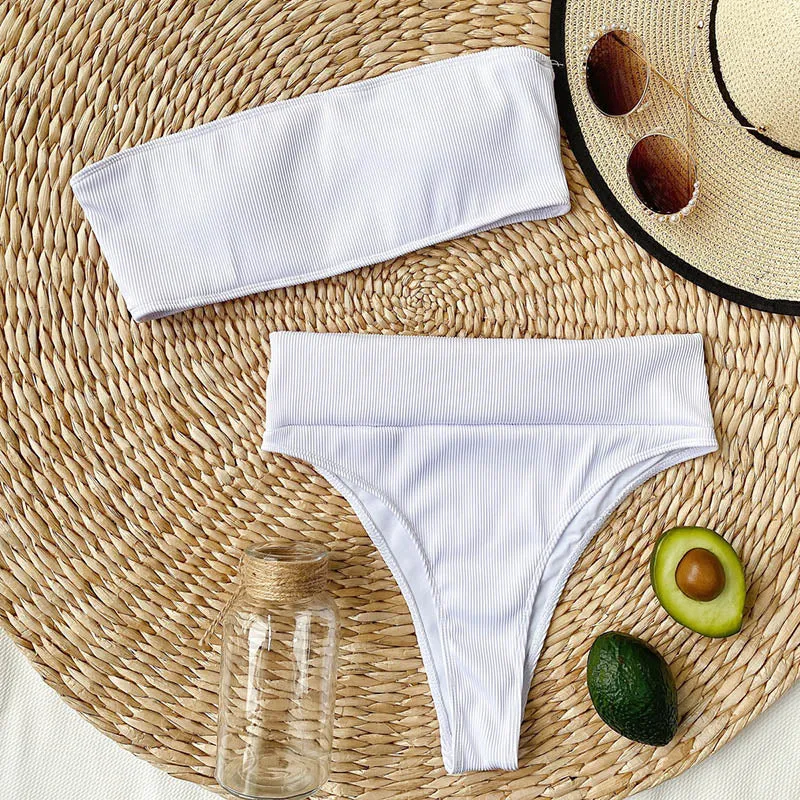 VenusFox High Waist Bikinis Bandeau Swimsuits Swimwear Women Black Strapless Biquini High Cut Bathing Suit Women 2021 Beachwear