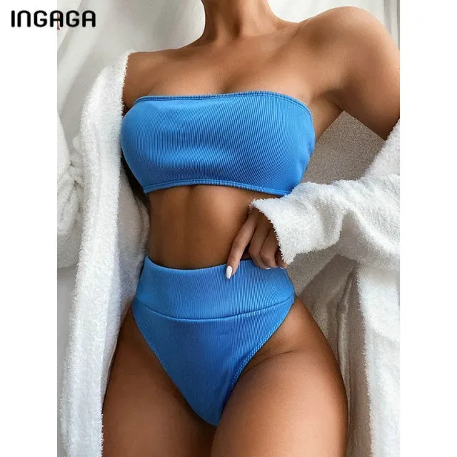 VenusFox High Waist Bikinis Bandeau Swimsuits Swimwear Women Black Strapless Biquini High Cut Bathing Suit Women 2021 Beachwear