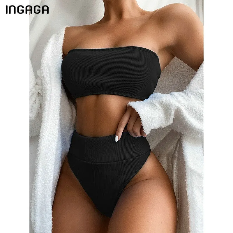 VenusFox High Waist Bikinis Bandeau Swimsuits Swimwear Women Black Strapless Biquini High Cut Bathing Suit Women 2021 Beachwear