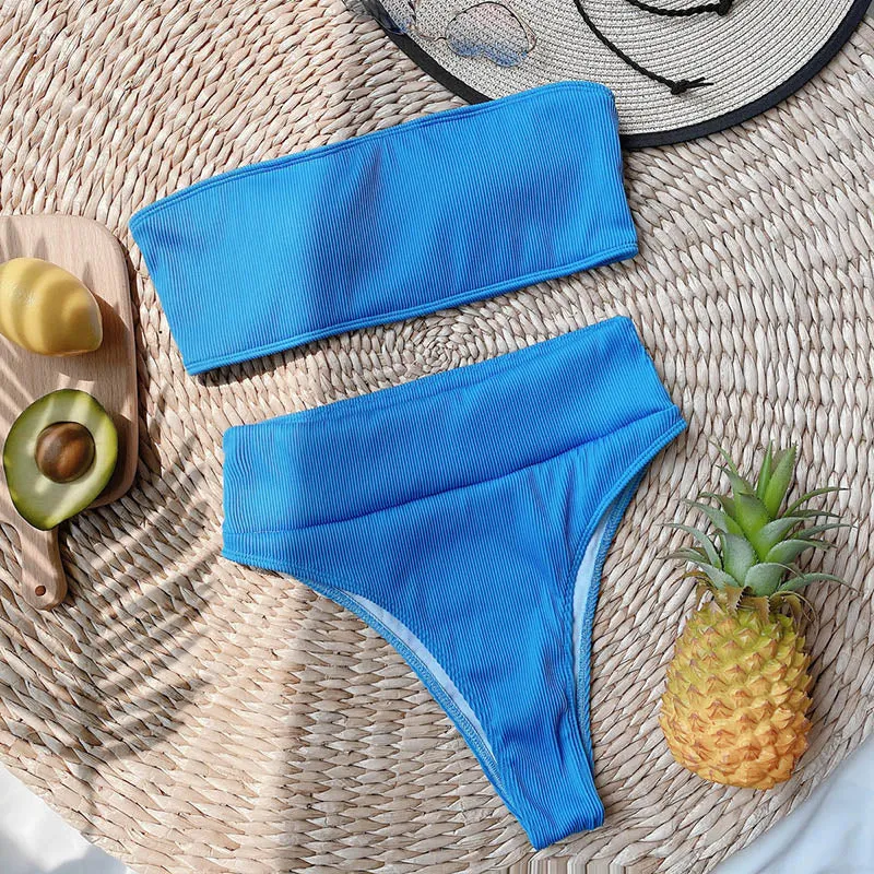VenusFox High Waist Bikinis Bandeau Swimsuits Swimwear Women Black Strapless Biquini High Cut Bathing Suit Women 2021 Beachwear