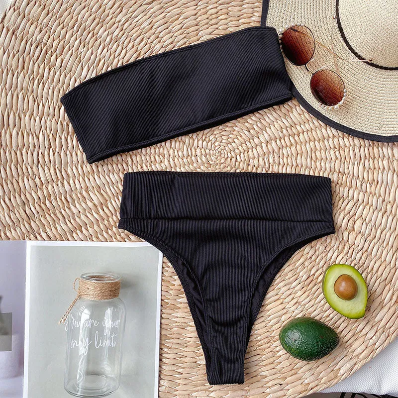 VenusFox High Waist Bikinis Bandeau Swimsuits Swimwear Women Black Strapless Biquini High Cut Bathing Suit Women 2021 Beachwear