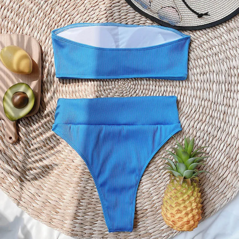 VenusFox High Waist Bikinis Bandeau Swimsuits Swimwear Women Black Strapless Biquini High Cut Bathing Suit Women 2021 Beachwear