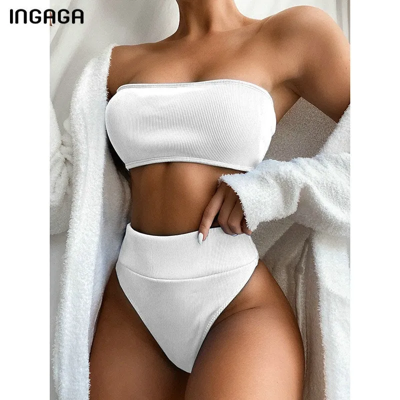 VenusFox High Waist Bikinis Bandeau Swimsuits Swimwear Women Black Strapless Biquini High Cut Bathing Suit Women 2021 Beachwear