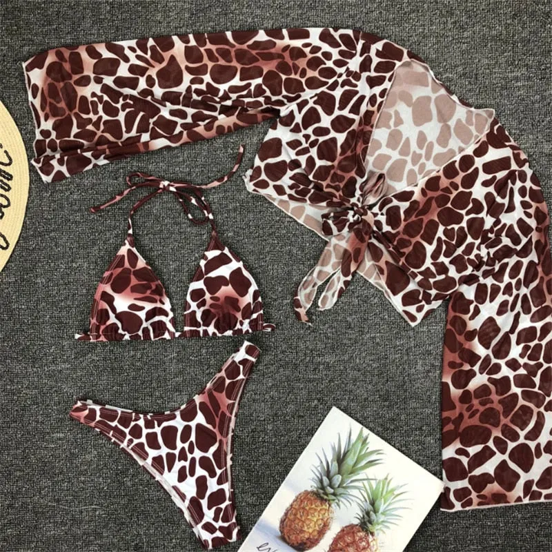 VenusFox Long Sleeve Swimwear Women Bandage Bikini Mujer 2020 Summer Sexy Print Brazilian Swimsuit Female Three Pieces Biquini Set