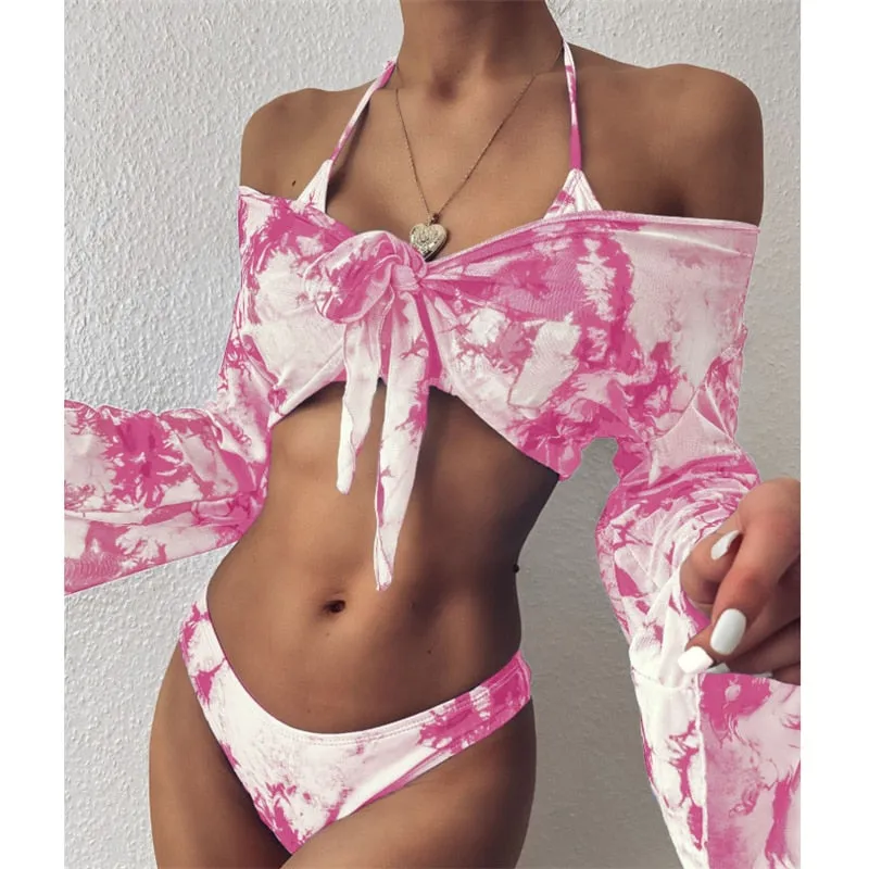 VenusFox Long Sleeve Swimwear Women Bandage Bikini Mujer 2020 Summer Sexy Print Brazilian Swimsuit Female Three Pieces Biquini Set