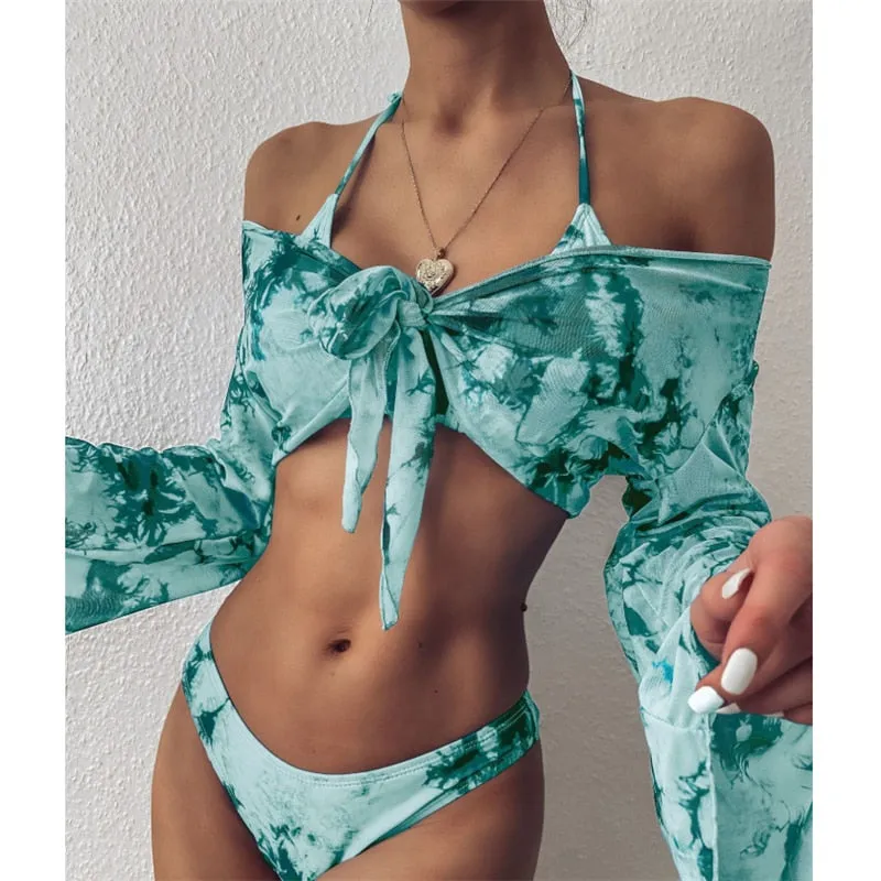 VenusFox Long Sleeve Swimwear Women Bandage Bikini Mujer 2020 Summer Sexy Print Brazilian Swimsuit Female Three Pieces Biquini Set