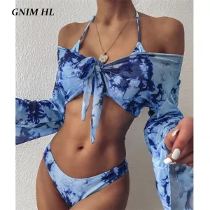 VenusFox Long Sleeve Swimwear Women Bandage Bikini Mujer 2020 Summer Sexy Print Brazilian Swimsuit Female Three Pieces Biquini Set