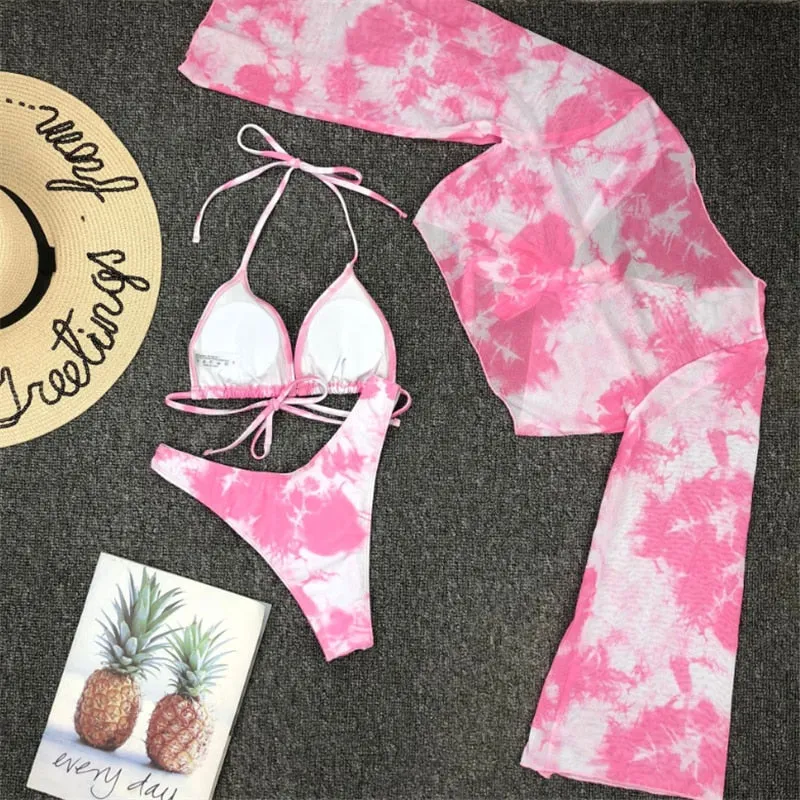 VenusFox Long Sleeve Swimwear Women Bandage Bikini Mujer 2020 Summer Sexy Print Brazilian Swimsuit Female Three Pieces Biquini Set