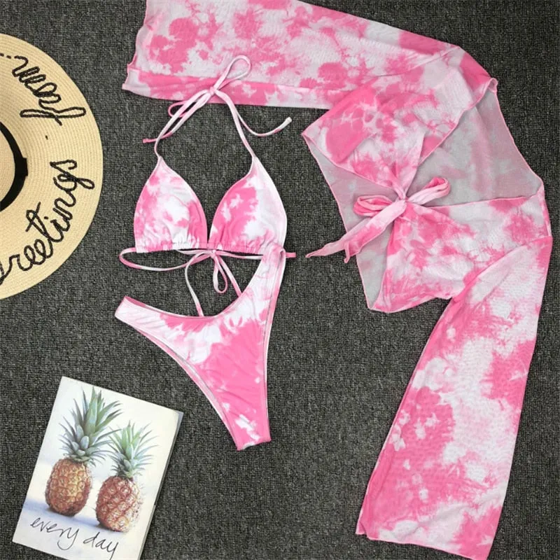VenusFox Long Sleeve Swimwear Women Bandage Bikini Mujer 2020 Summer Sexy Print Brazilian Swimsuit Female Three Pieces Biquini Set