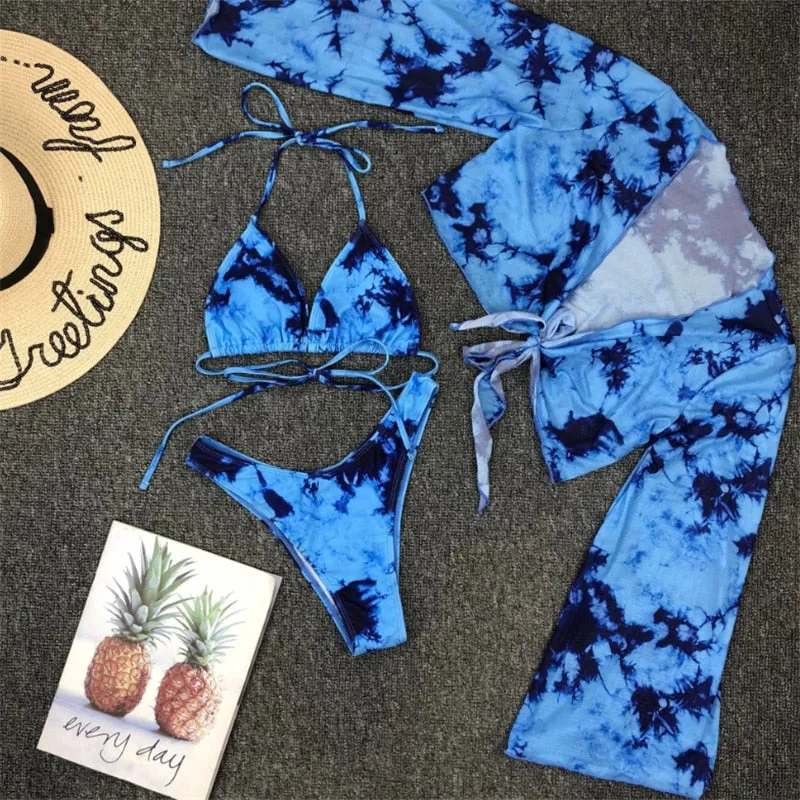 VenusFox Long Sleeve Swimwear Women Bandage Bikini Mujer 2020 Summer Sexy Print Brazilian Swimsuit Female Three Pieces Biquini Set