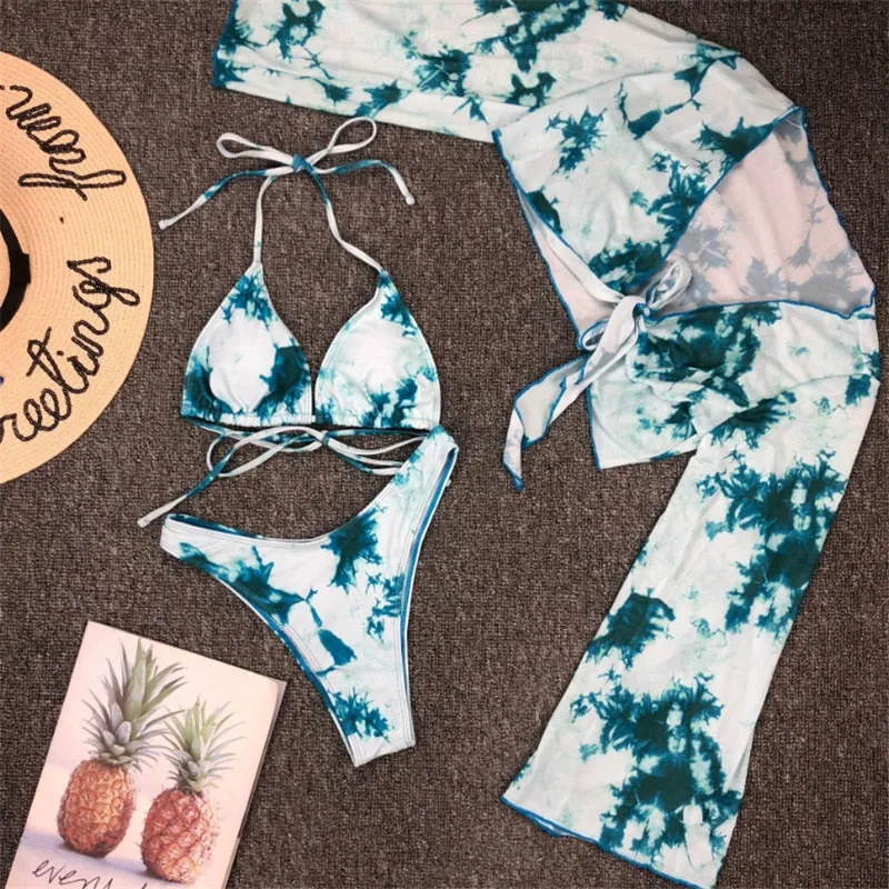 VenusFox Long Sleeve Swimwear Women Bandage Bikini Mujer 2020 Summer Sexy Print Brazilian Swimsuit Female Three Pieces Biquini Set