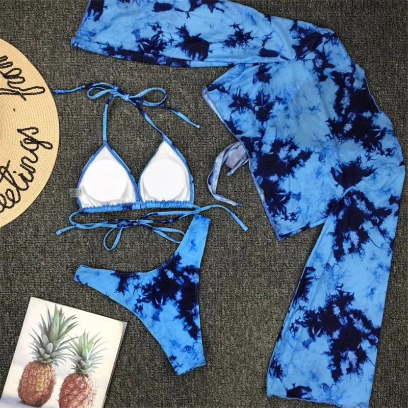 VenusFox Long Sleeve Swimwear Women Bandage Bikini Mujer 2020 Summer Sexy Print Brazilian Swimsuit Female Three Pieces Biquini Set
