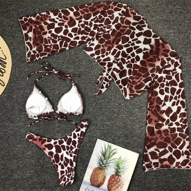 VenusFox Long Sleeve Swimwear Women Bandage Bikini Mujer 2020 Summer Sexy Print Brazilian Swimsuit Female Three Pieces Biquini Set
