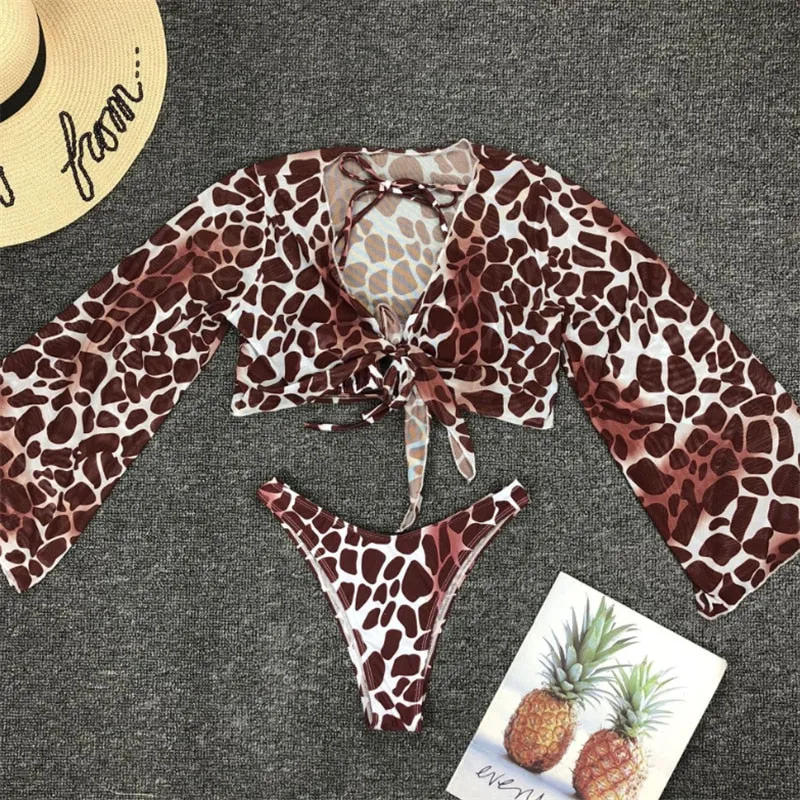 VenusFox Long Sleeve Swimwear Women Bandage Bikini Mujer 2020 Summer Sexy Print Brazilian Swimsuit Female Three Pieces Biquini Set