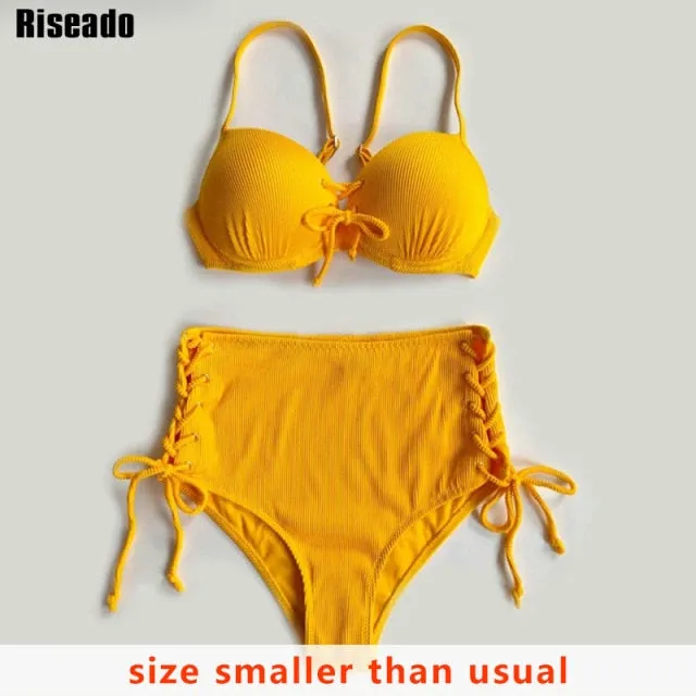 VenusFox Riseado High Waist Bikini Push Up Swimwear Women's Swimsuit 2021 Yellow Bikinis Lace Up Sexy Biquini Strap Bathing Suit Summer