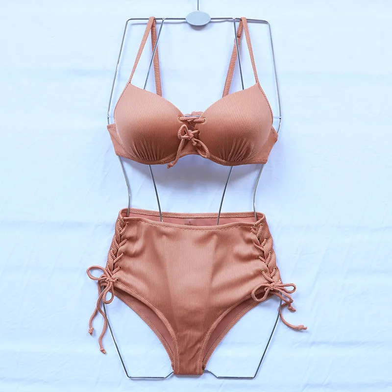 VenusFox Riseado High Waist Bikini Push Up Swimwear Women's Swimsuit 2021 Yellow Bikinis Lace Up Sexy Biquini Strap Bathing Suit Summer