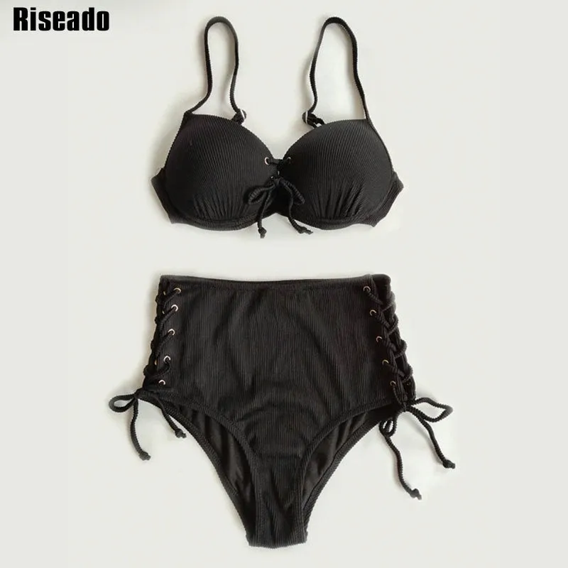 VenusFox Riseado High Waist Bikini Push Up Swimwear Women's Swimsuit 2021 Yellow Bikinis Lace Up Sexy Biquini Strap Bathing Suit Summer