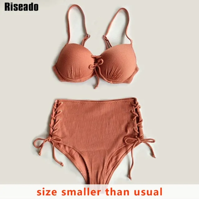 VenusFox Riseado High Waist Bikini Push Up Swimwear Women's Swimsuit 2021 Yellow Bikinis Lace Up Sexy Biquini Strap Bathing Suit Summer