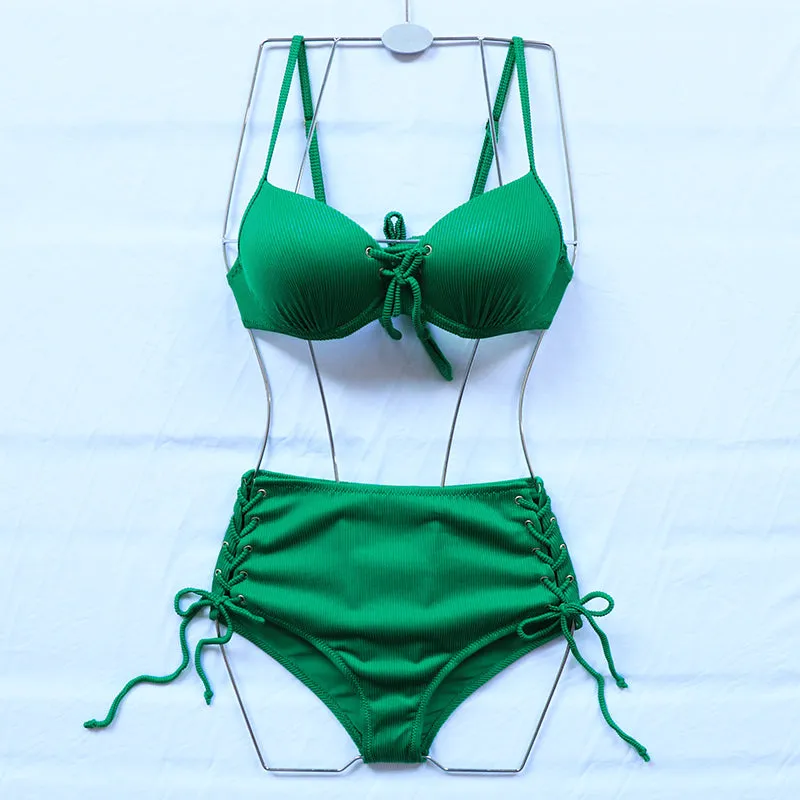 VenusFox Riseado High Waist Bikini Push Up Swimwear Women's Swimsuit 2021 Yellow Bikinis Lace Up Sexy Biquini Strap Bathing Suit Summer