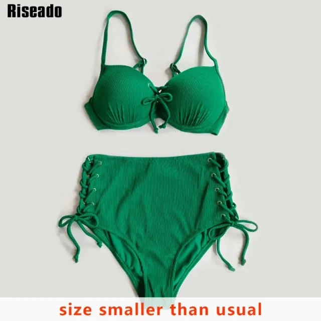 VenusFox Riseado High Waist Bikini Push Up Swimwear Women's Swimsuit 2021 Yellow Bikinis Lace Up Sexy Biquini Strap Bathing Suit Summer