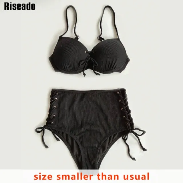 VenusFox Riseado High Waist Bikini Push Up Swimwear Women's Swimsuit 2021 Yellow Bikinis Lace Up Sexy Biquini Strap Bathing Suit Summer