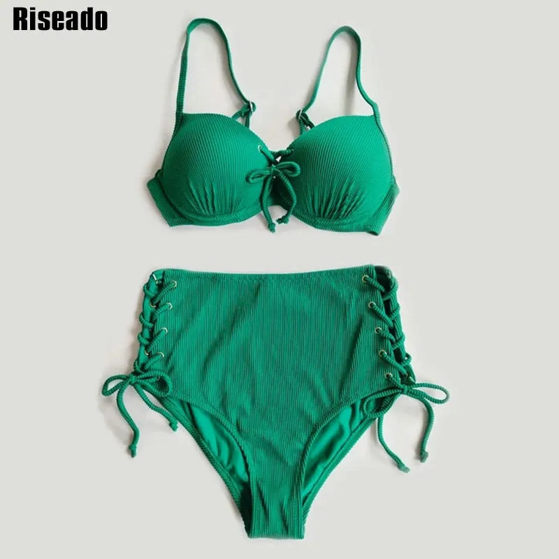VenusFox Riseado High Waist Bikini Push Up Swimwear Women's Swimsuit 2021 Yellow Bikinis Lace Up Sexy Biquini Strap Bathing Suit Summer