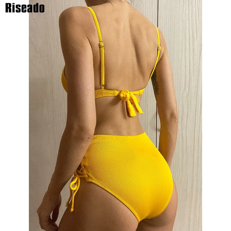 VenusFox Riseado High Waist Bikini Push Up Swimwear Women's Swimsuit 2021 Yellow Bikinis Lace Up Sexy Biquini Strap Bathing Suit Summer