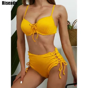 VenusFox Riseado High Waist Bikini Push Up Swimwear Women's Swimsuit 2021 Yellow Bikinis Lace Up Sexy Biquini Strap Bathing Suit Summer