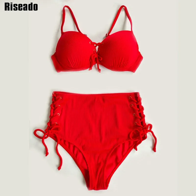 VenusFox Riseado High Waist Bikini Push Up Swimwear Women's Swimsuit 2021 Yellow Bikinis Lace Up Sexy Biquini Strap Bathing Suit Summer