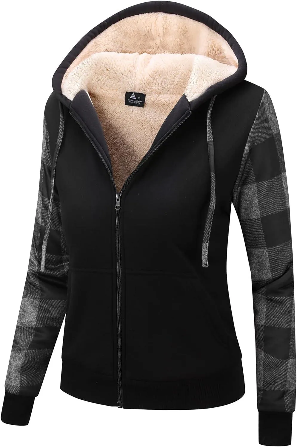 Women's Black Checkered Full Zipper Hoodie-ZPK005489