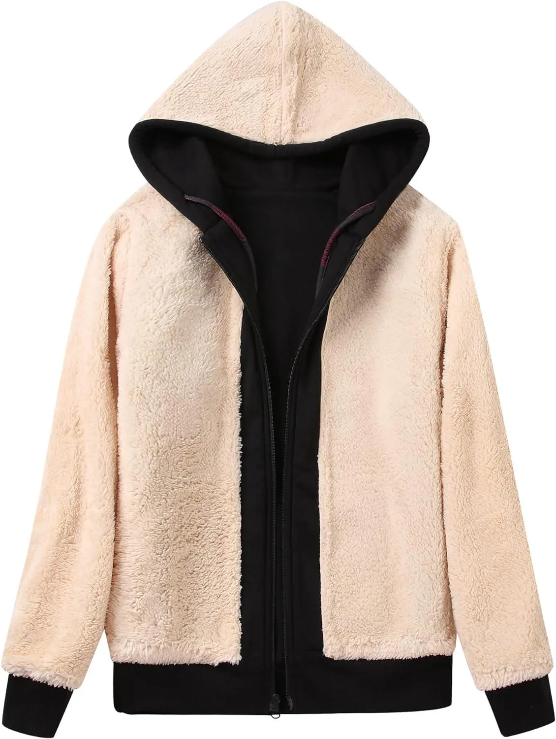 Women's Black Checkered Full Zipper Hoodie-ZPK005489