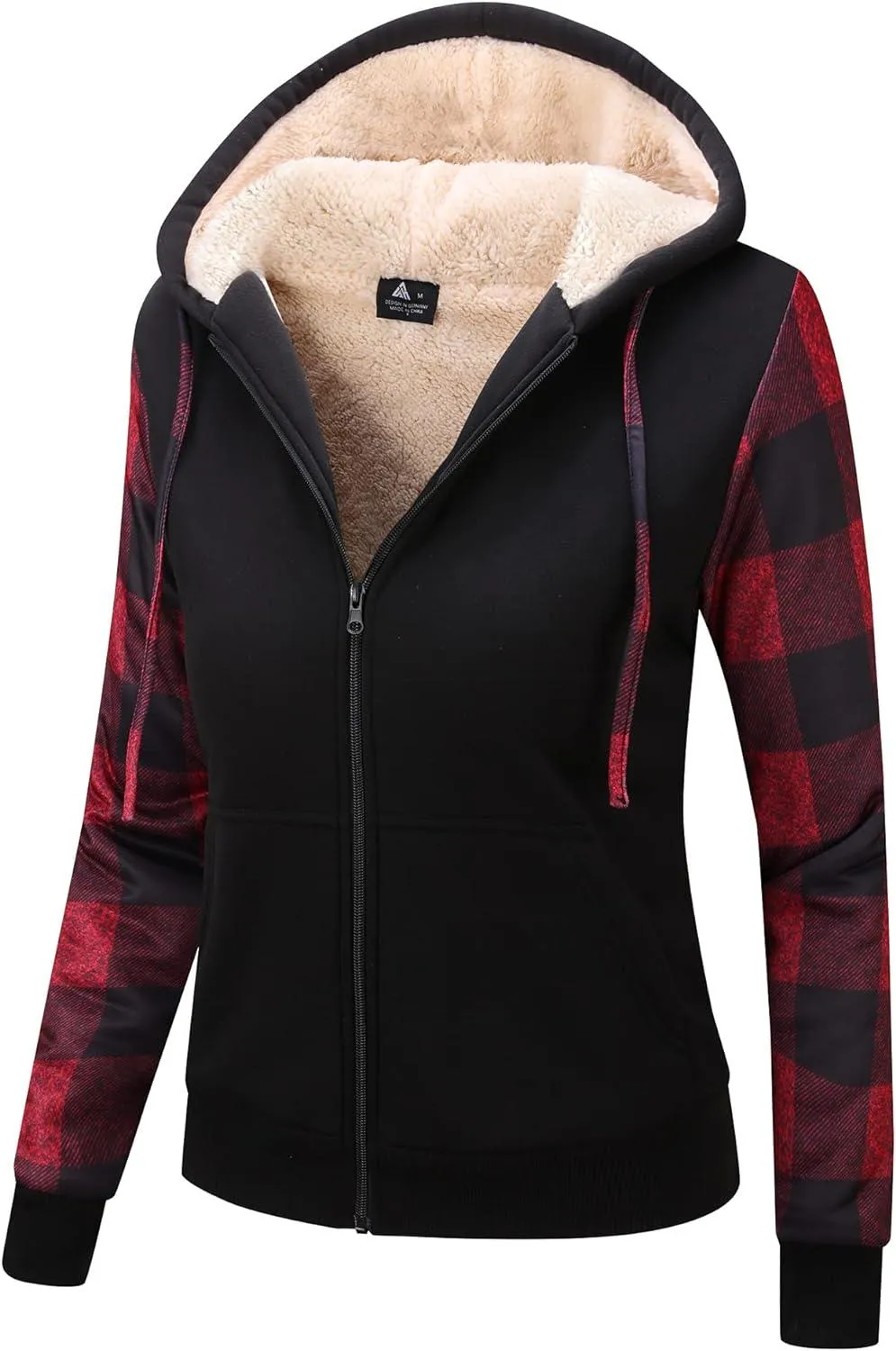 Women's Black Checkered Full Zipper Hoodie-ZPK005489