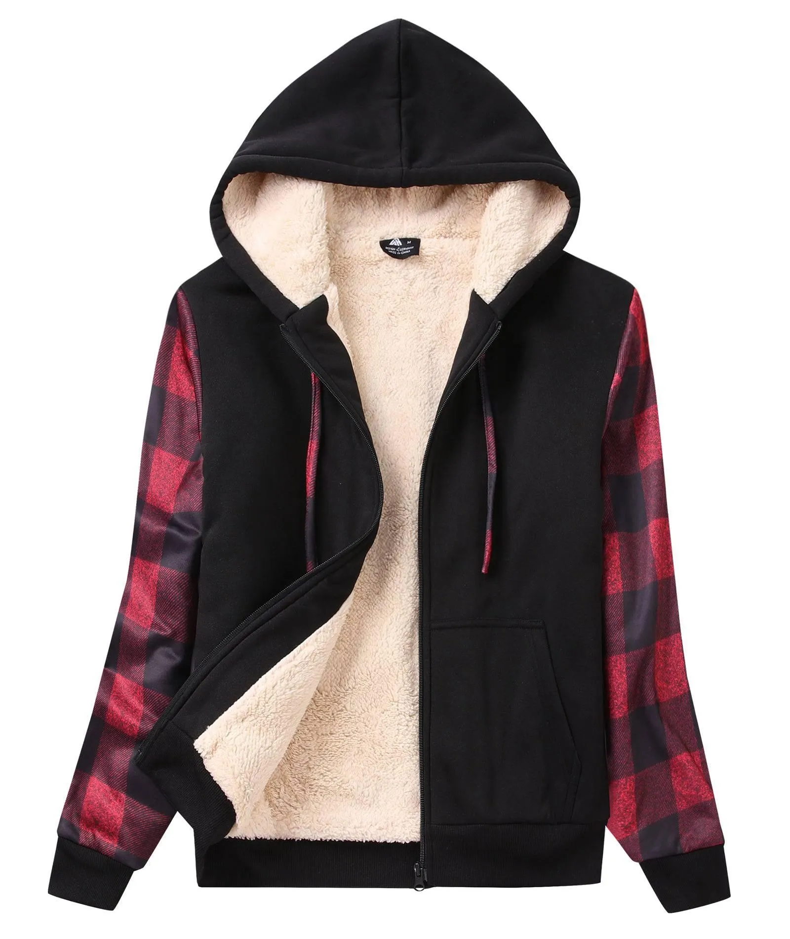Women's Black Checkered Full Zipper Hoodie-ZPK005489