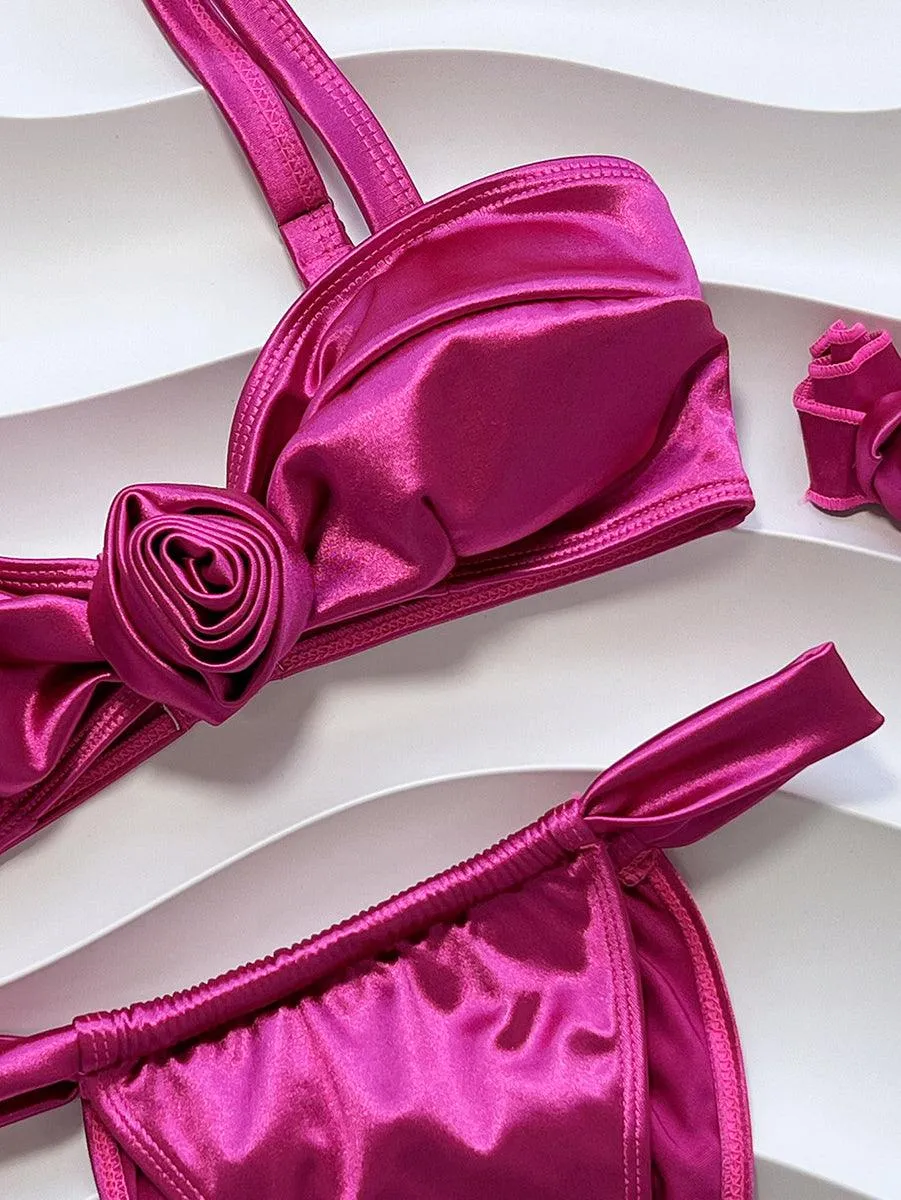 Women's Red 3D Flower Embellished Bikini Set - Brazilian Style Swimwear