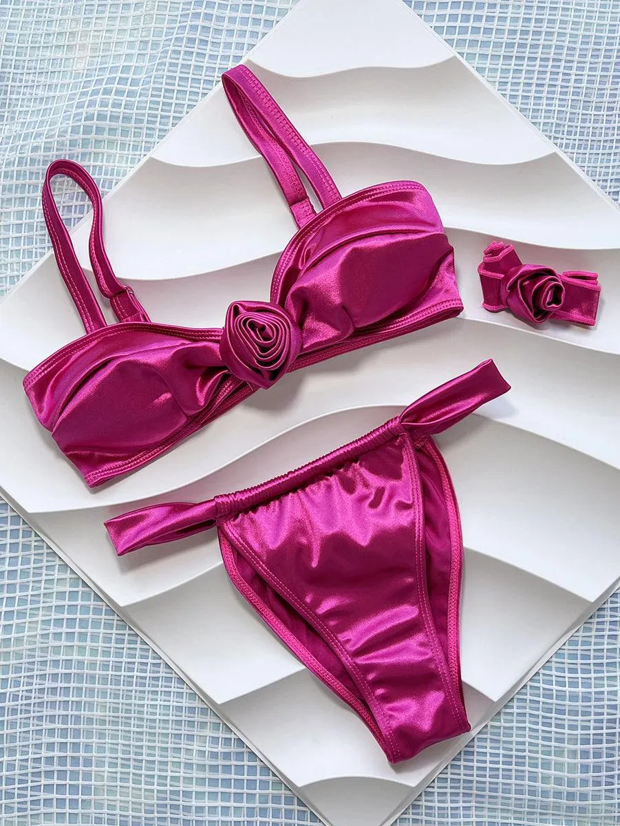 Women's Red 3D Flower Embellished Bikini Set - Brazilian Style Swimwear