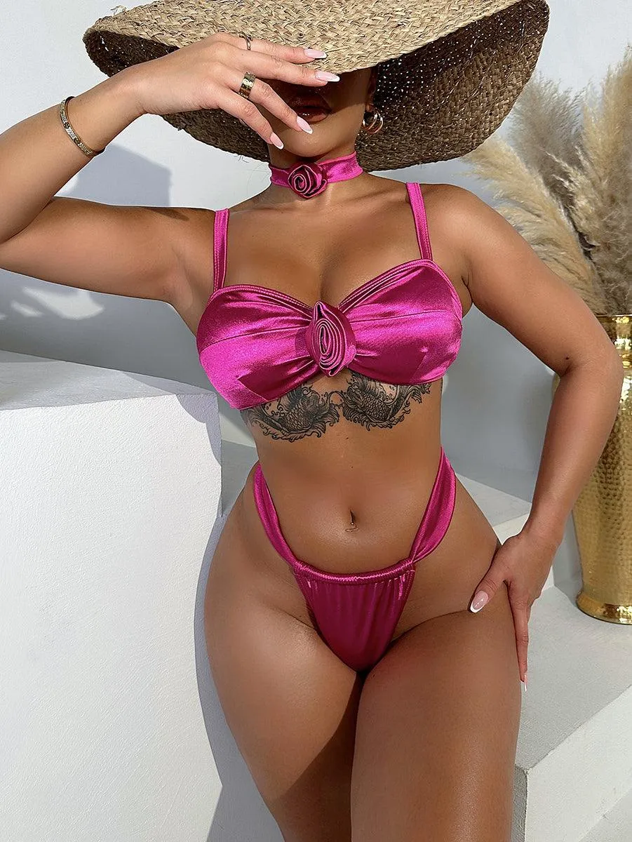 Women's Red 3D Flower Embellished Bikini Set - Brazilian Style Swimwear