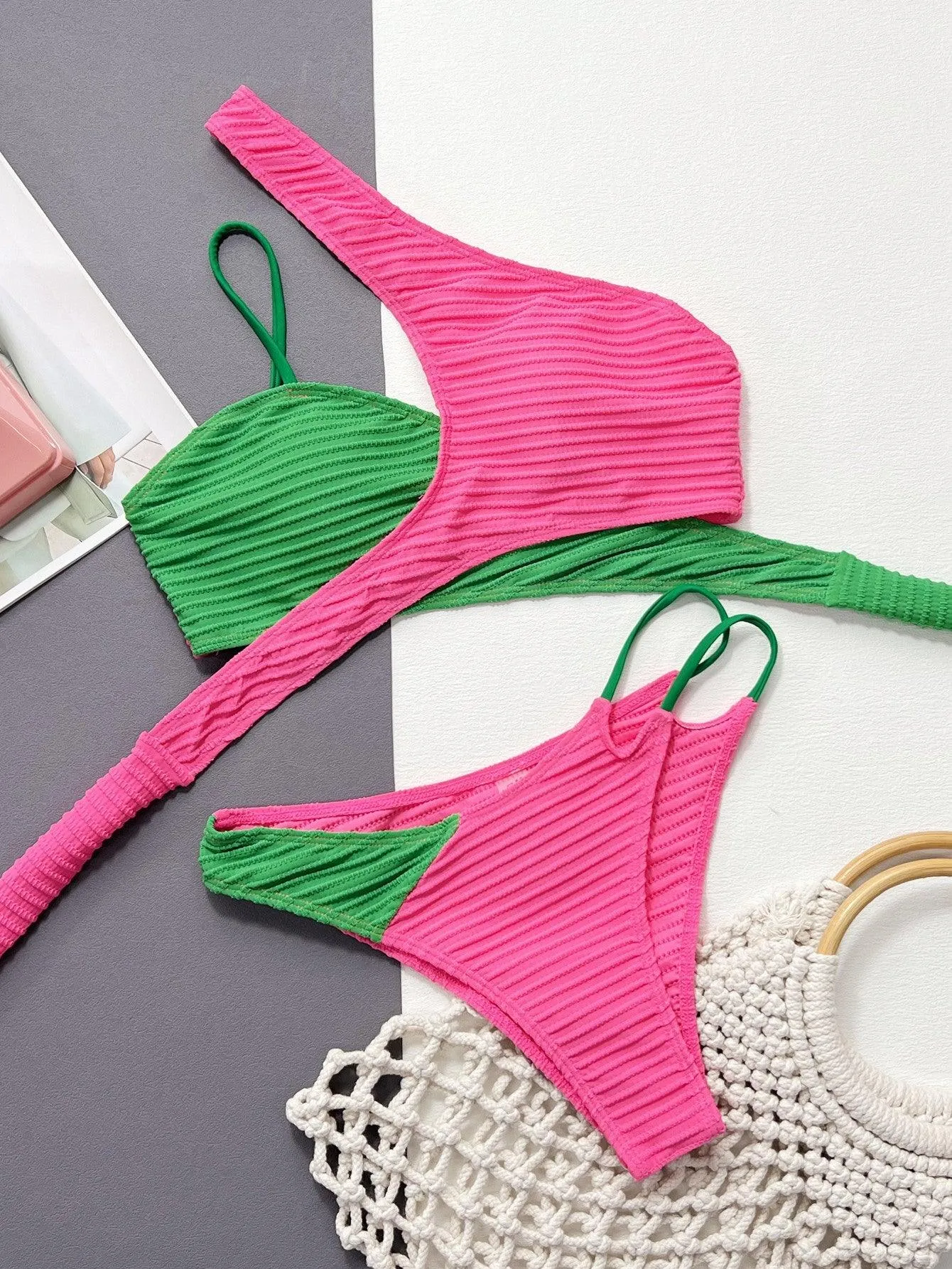 Women's Rose Red-Green Stitching Bikini Set - Designer Swimwear | GFIT